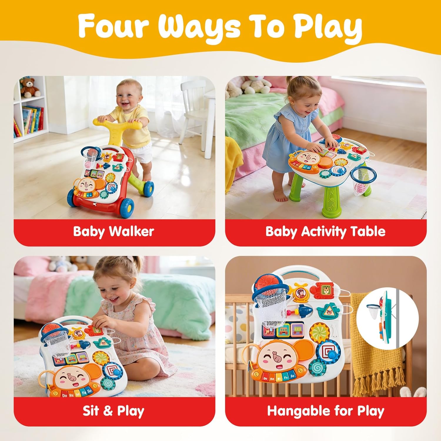 AuntyFey 3-in-1 Baby Push Walker Sit-to-Stand Learning Walking Toy for Girls and Boys 12 Months &amp; 1 Year Old Red Zevon