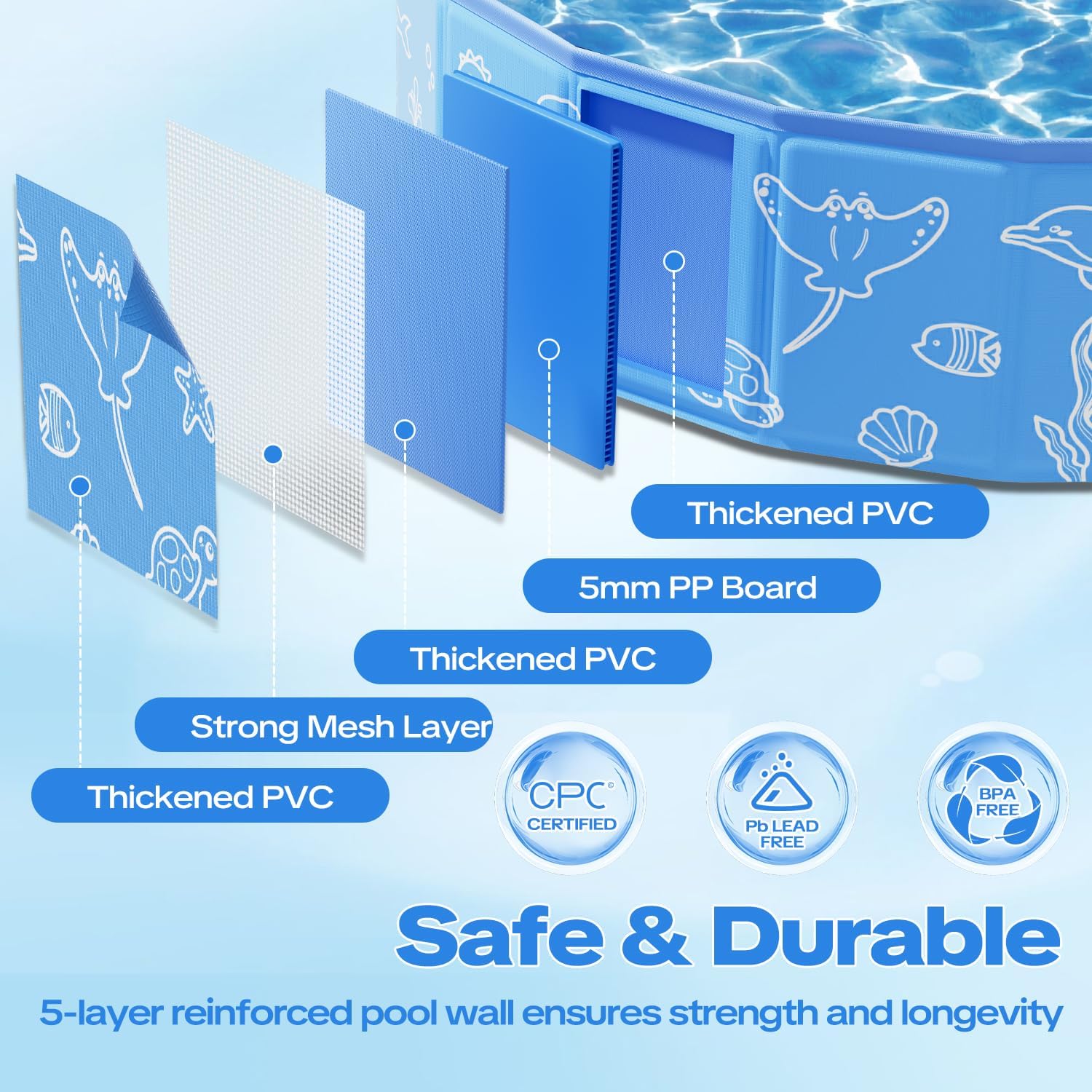 Foldable Kiddie Pool with Detachable UPF 50+ Canopy 47" Portable Non-Slip Kids and Dog Swimming Pool for Backyard Outdoor Play Zevon