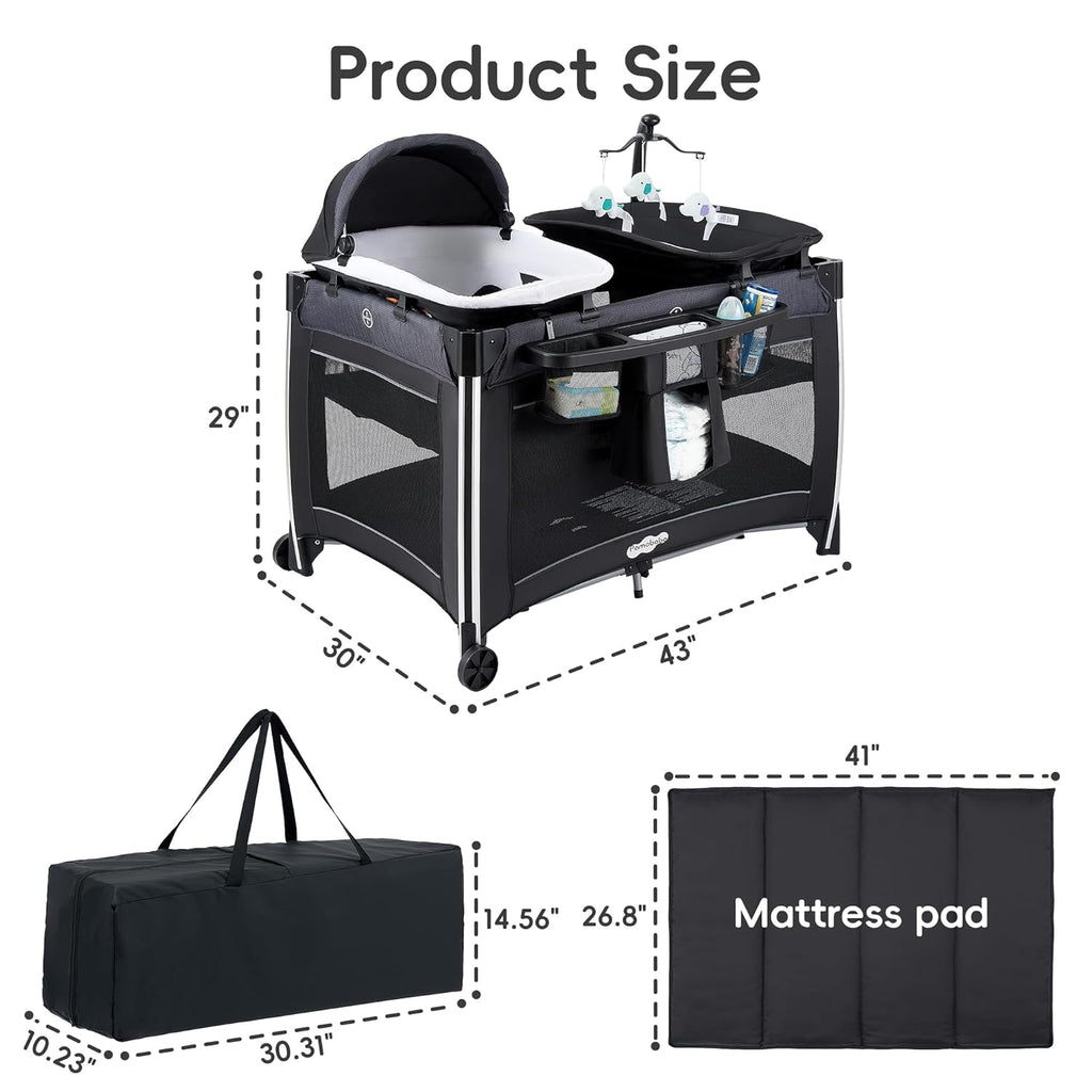 4-in-1 Baby Playard with Bassinet Changing Table Portable Crib Breathable Mesh and Toy Mobile Zevon