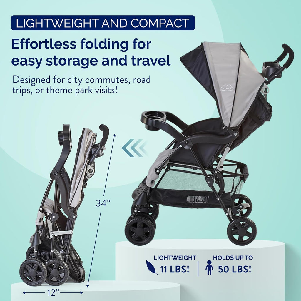 Kolcraft Cloud Plus Lightweight Umbrella Stroller for Toddlers with Reclining Seat Storage Basket & Compact Fold Slate Gray Zevon