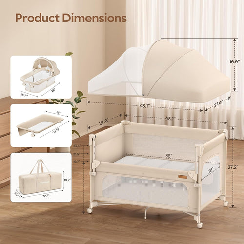 5-in-1 Baby Bassinet Bedside Crib One-Push Instant Fold Pack and Play with Changing Table Mattress & Mosquito Net Khaki Zevon