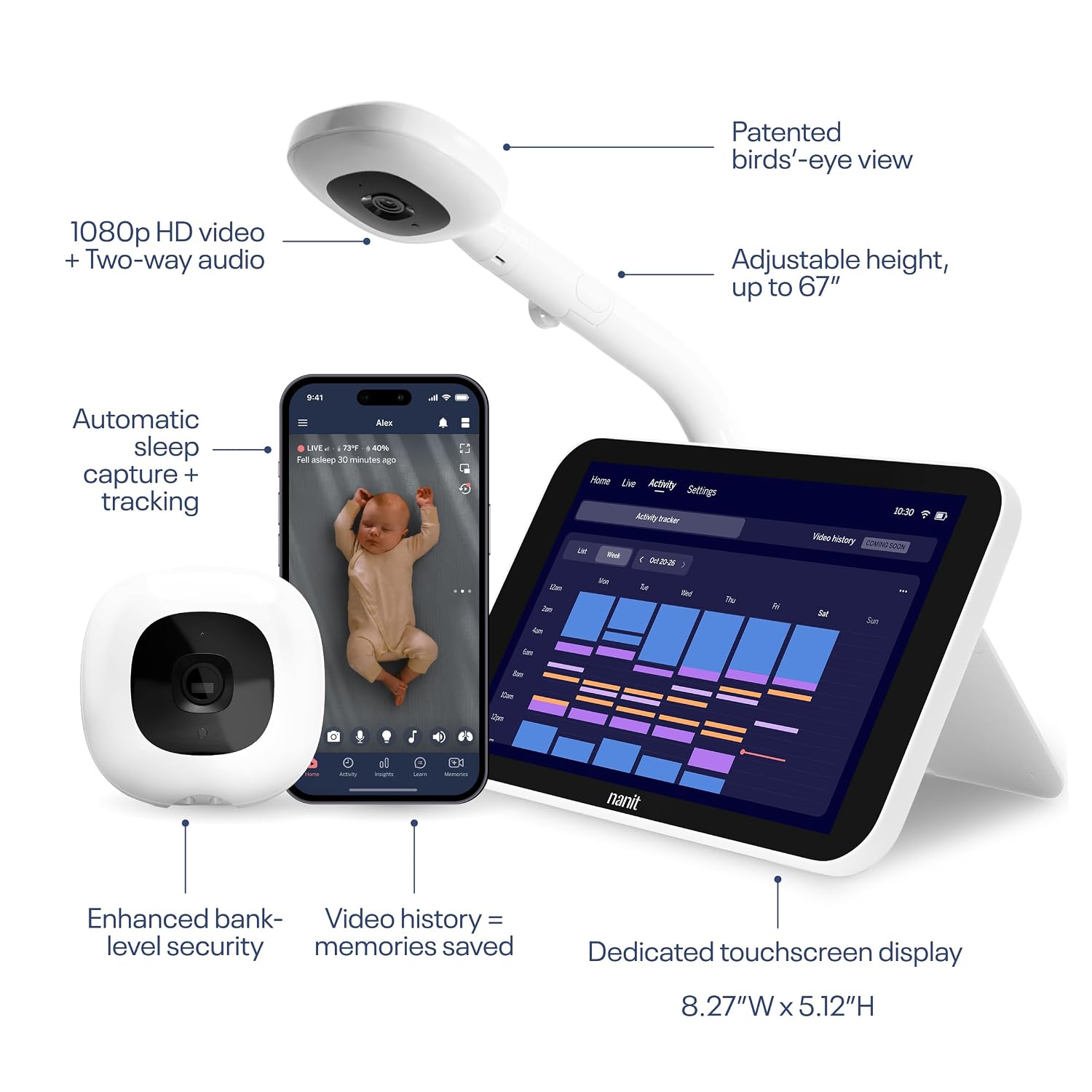 Nanit Smart Baby Monitor System with Floor Stand & 8" Display Screen Crystal-Clear Video Real-Time Notifications & Sleep Insights Zevon