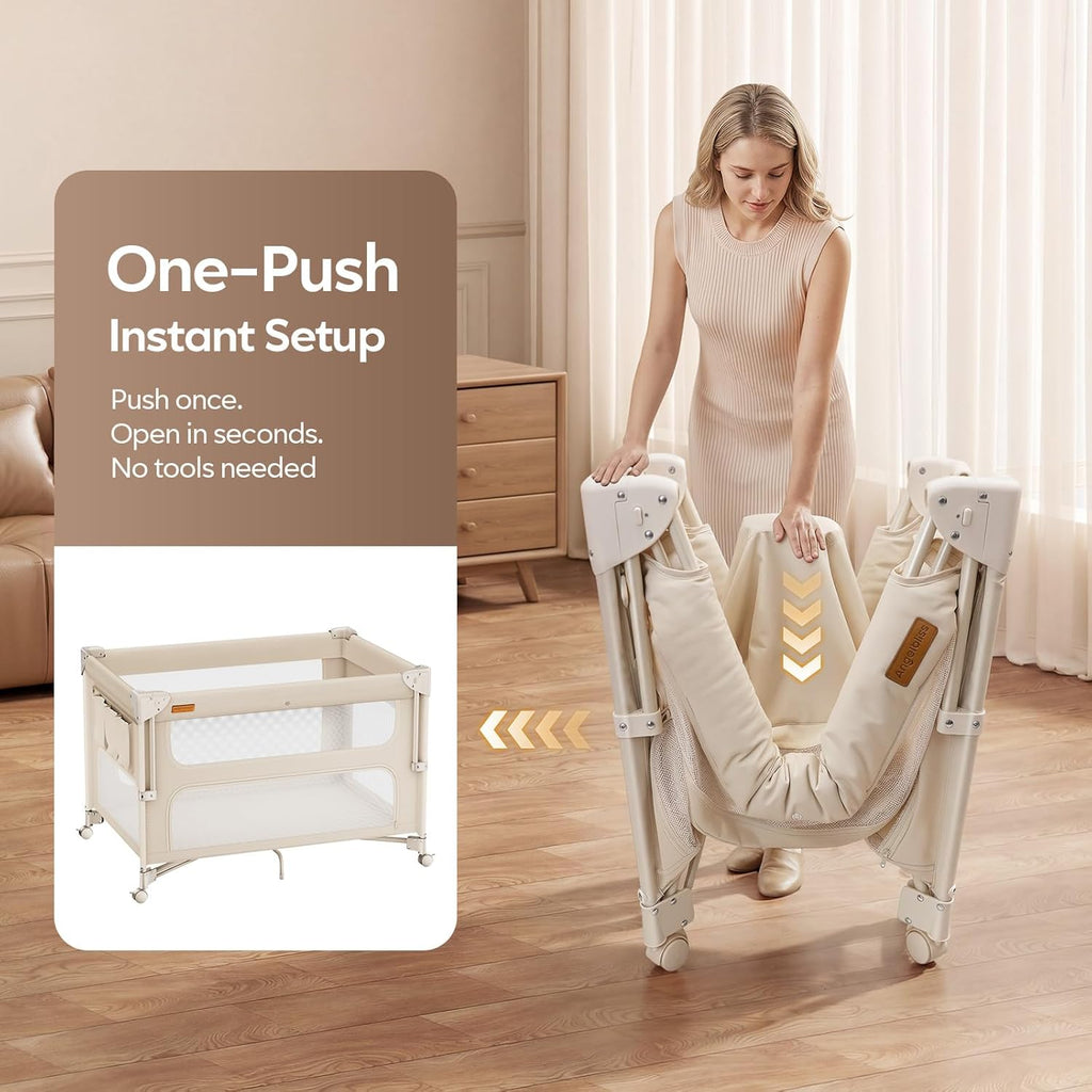 5-in-1 Baby Bassinet Bedside Crib One-Push Instant Fold Pack and Play with Changing Table Mattress & Mosquito Net Khaki Zevon