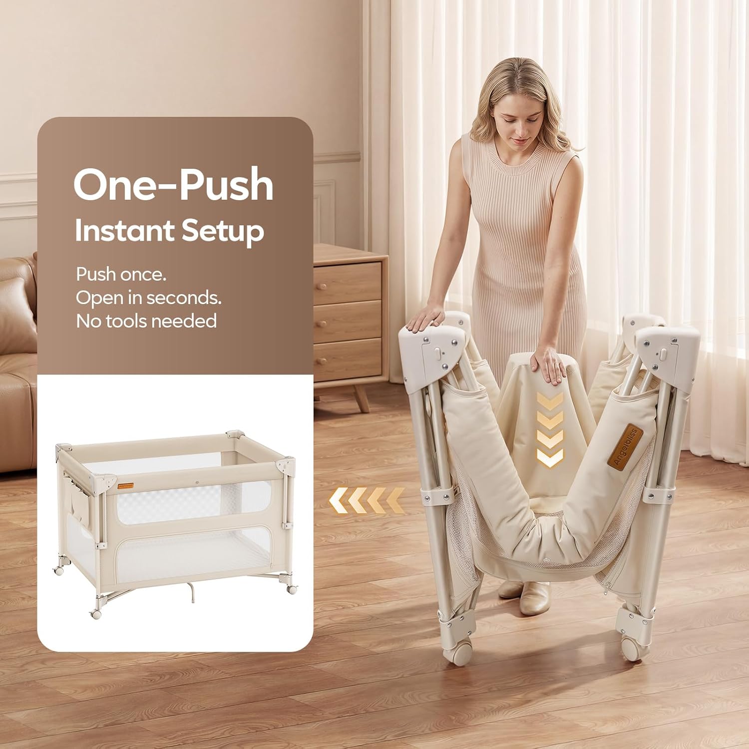 5-in-1 Baby Bassinet Bedside Crib One-Push Instant Fold Pack and Play with Changing Table Mattress & Mosquito Net Khaki Zevon