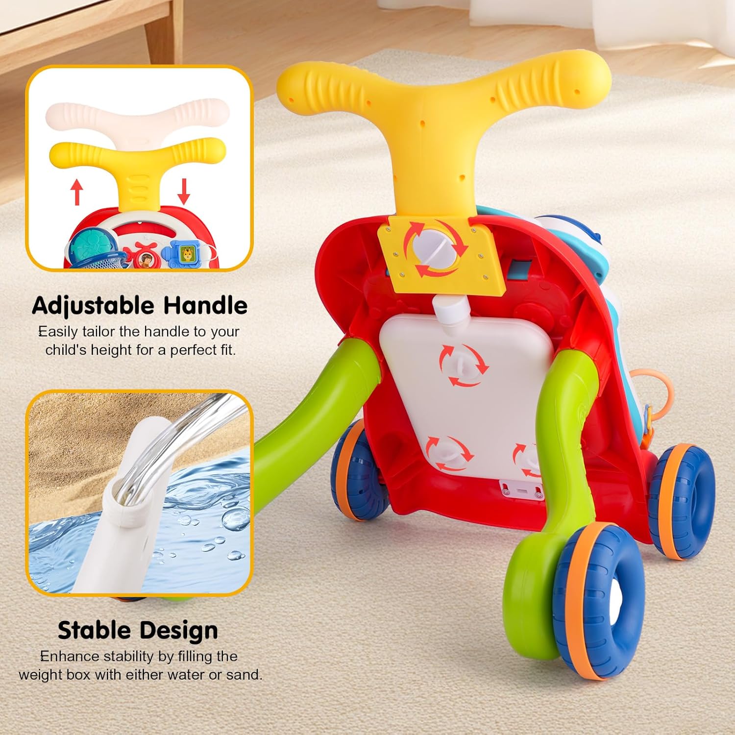 AuntyFey 3-in-1 Baby Push Walker Sit-to-Stand Learning Walking Toy for Girls and Boys 12 Months &amp; 1 Year Old Red Zevon