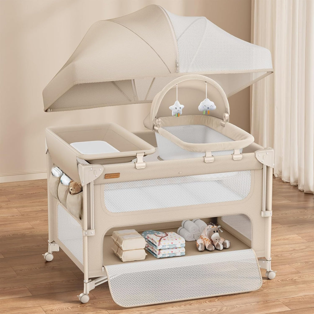 5-in-1 Baby Bassinet Bedside Crib One-Push Instant Fold Pack and Play with Changing Table Mattress & Mosquito Net Khaki Zevon