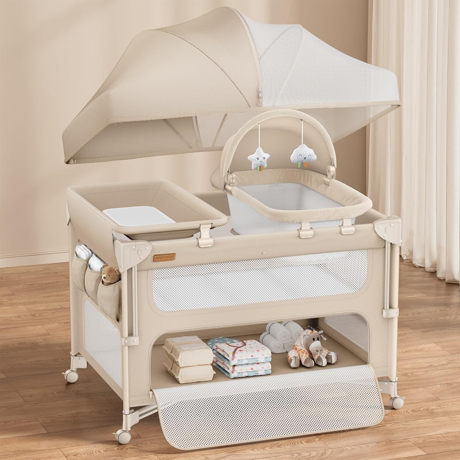 5-in-1 Baby Bassinet Bedside Crib One-Push Instant Fold Pack and Play with Changing Table Mattress & Mosquito Net Khaki Zevon