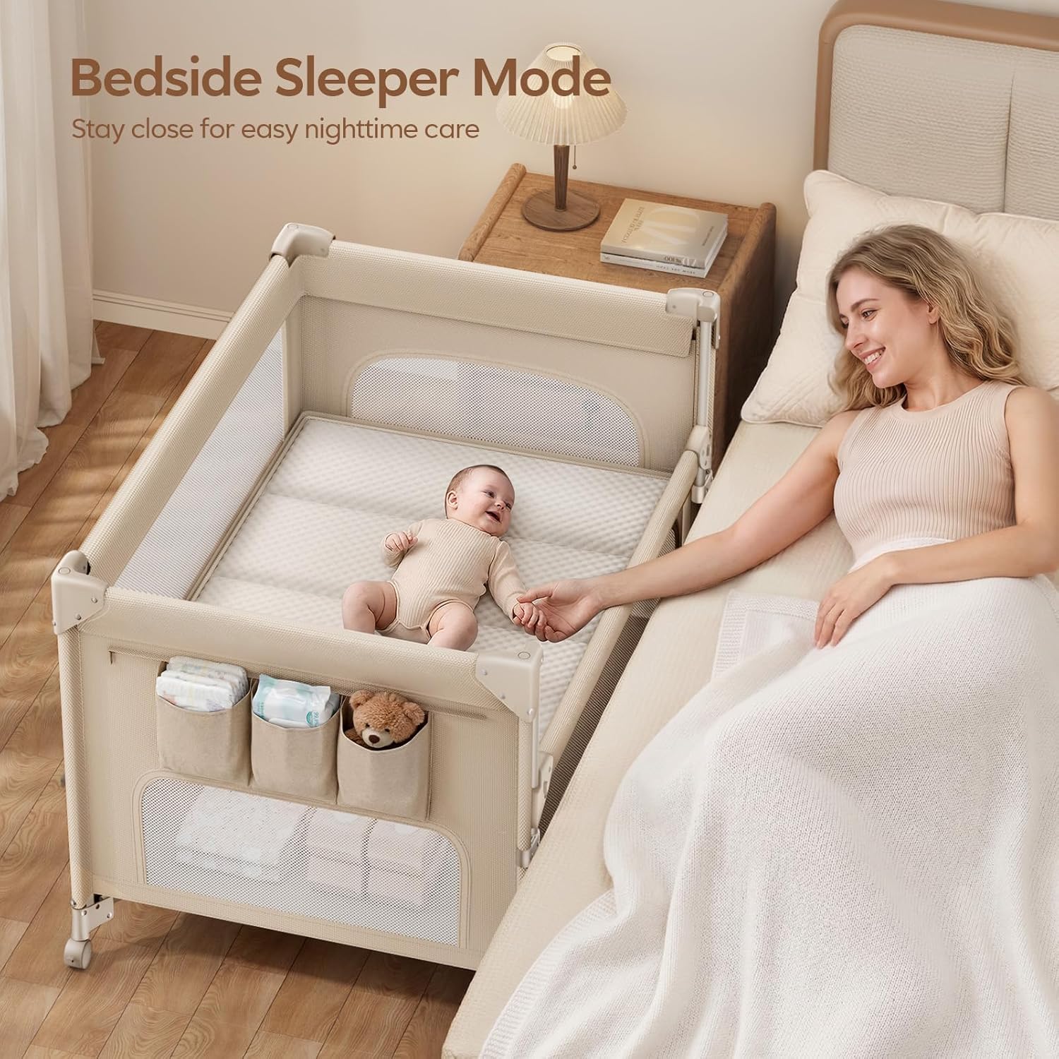 5-in-1 Baby Bassinet Bedside Crib One-Push Instant Fold Pack and Play with Changing Table Mattress & Mosquito Net Khaki Zevon