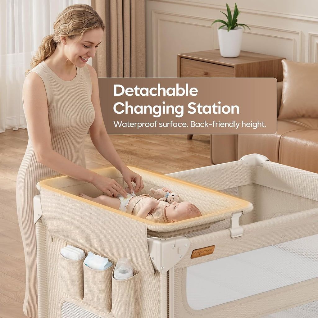 5-in-1 Baby Bassinet Bedside Crib One-Push Instant Fold Pack and Play with Changing Table Mattress & Mosquito Net Khaki Zevon
