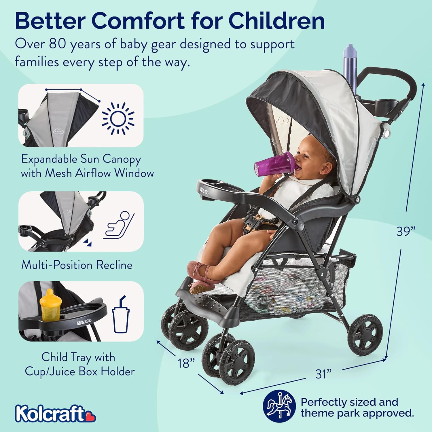 Kolcraft Cloud Plus Lightweight Umbrella Stroller for Toddlers with Reclining Seat Storage Basket & Compact Fold Slate Gray Zevon
