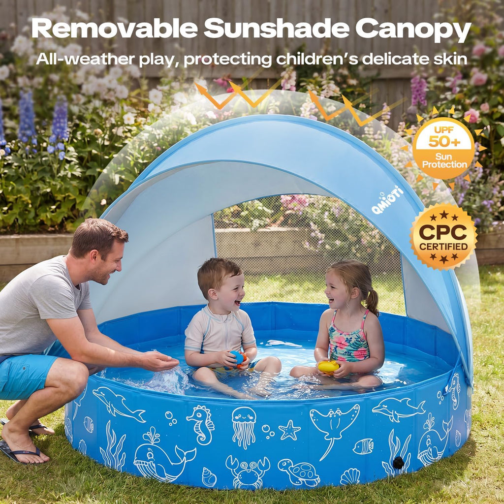Foldable Kiddie Pool with Detachable UPF 50+ Canopy 47" Portable Non-Slip Kids and Dog Swimming Pool for Backyard Outdoor Play Zevon
