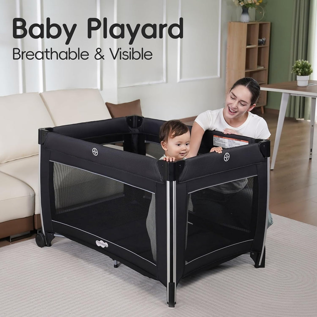 4-in-1 Baby Playard with Bassinet Changing Table Portable Crib Breathable Mesh and Toy Mobile Zevon