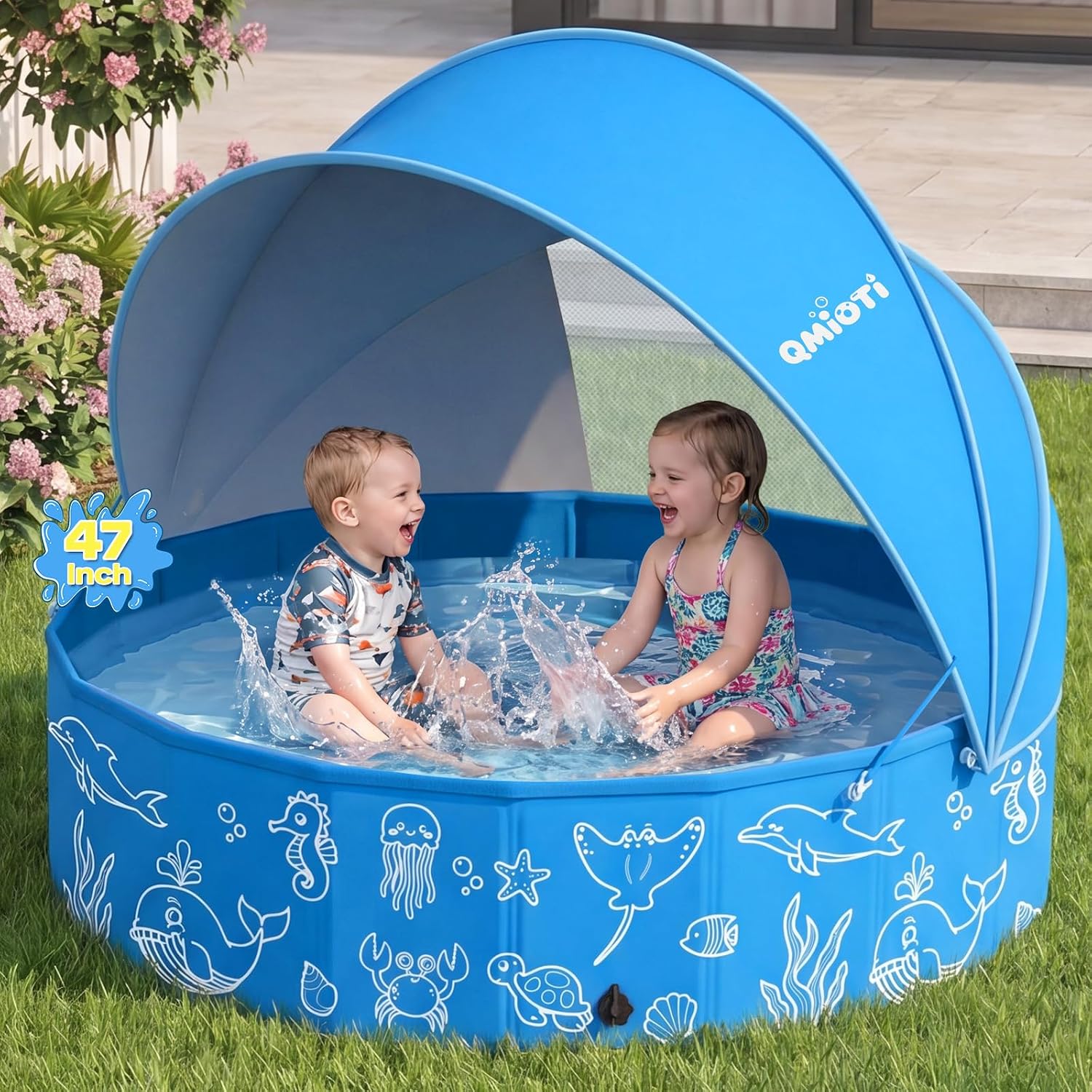 Foldable Kiddie Pool with Detachable UPF 50+ Canopy 47" Portable Non-Slip Kids and Dog Swimming Pool for Backyard Outdoor Play Zevon