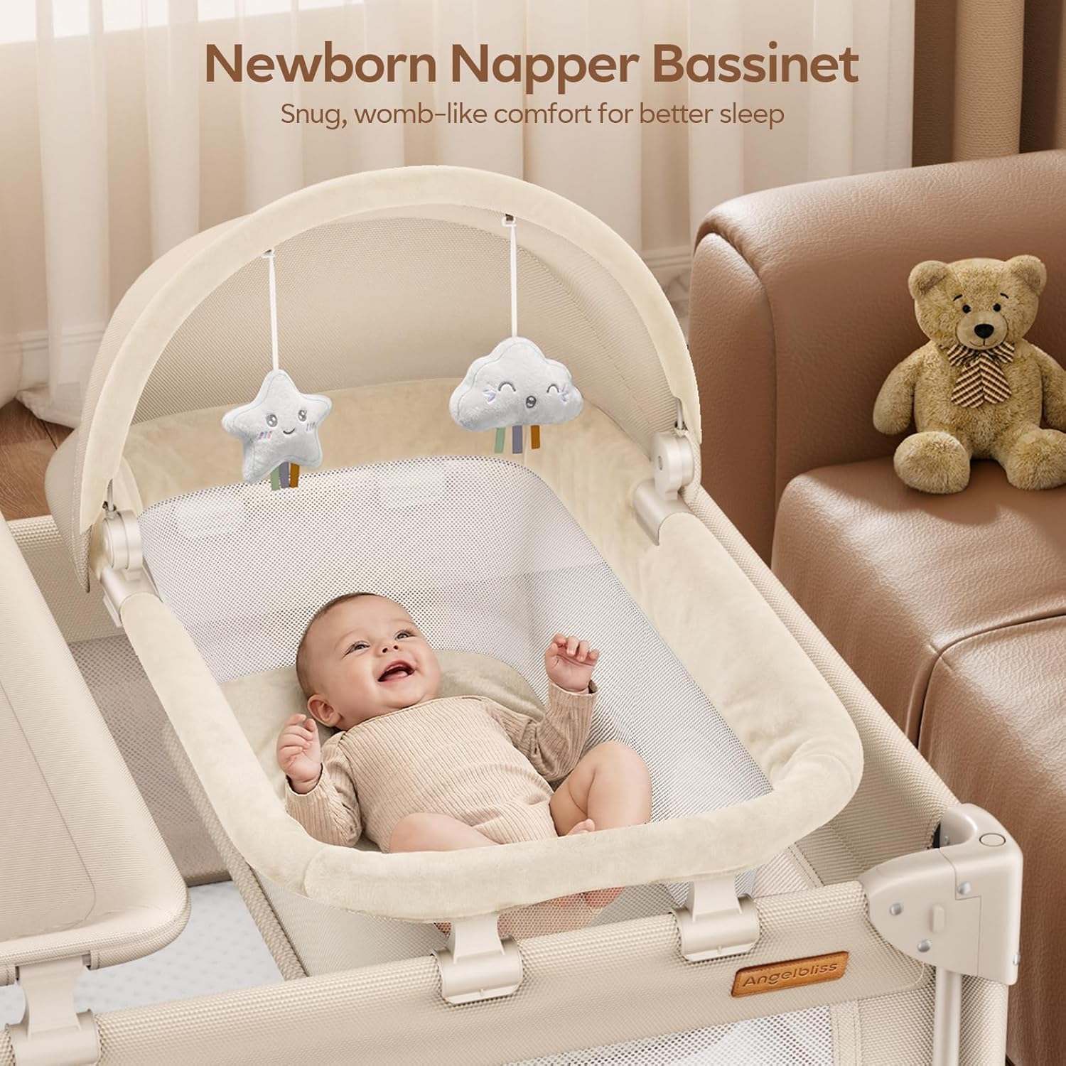 5-in-1 Baby Bassinet Bedside Crib One-Push Instant Fold Pack and Play with Changing Table Mattress & Mosquito Net Khaki Zevon
