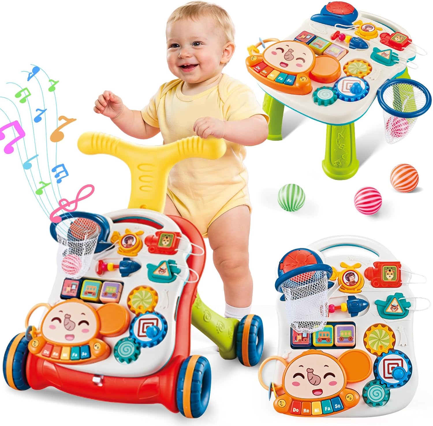 AuntyFey 3-in-1 Baby Push Walker Sit-to-Stand Learning Walking Toy for Girls and Boys 12 Months &amp; 1 Year Old Red Zevon